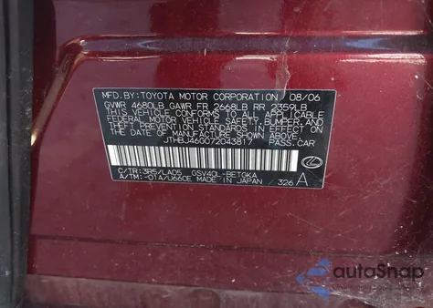 2007 Lexus Es 350 from USA, damaged, VIN JTHBJ46G072043817